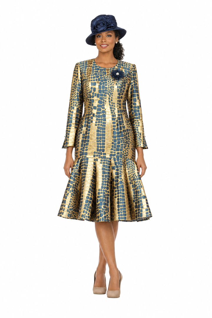 Metallic Mosaic Brocade Drop-Waist Flare Dress