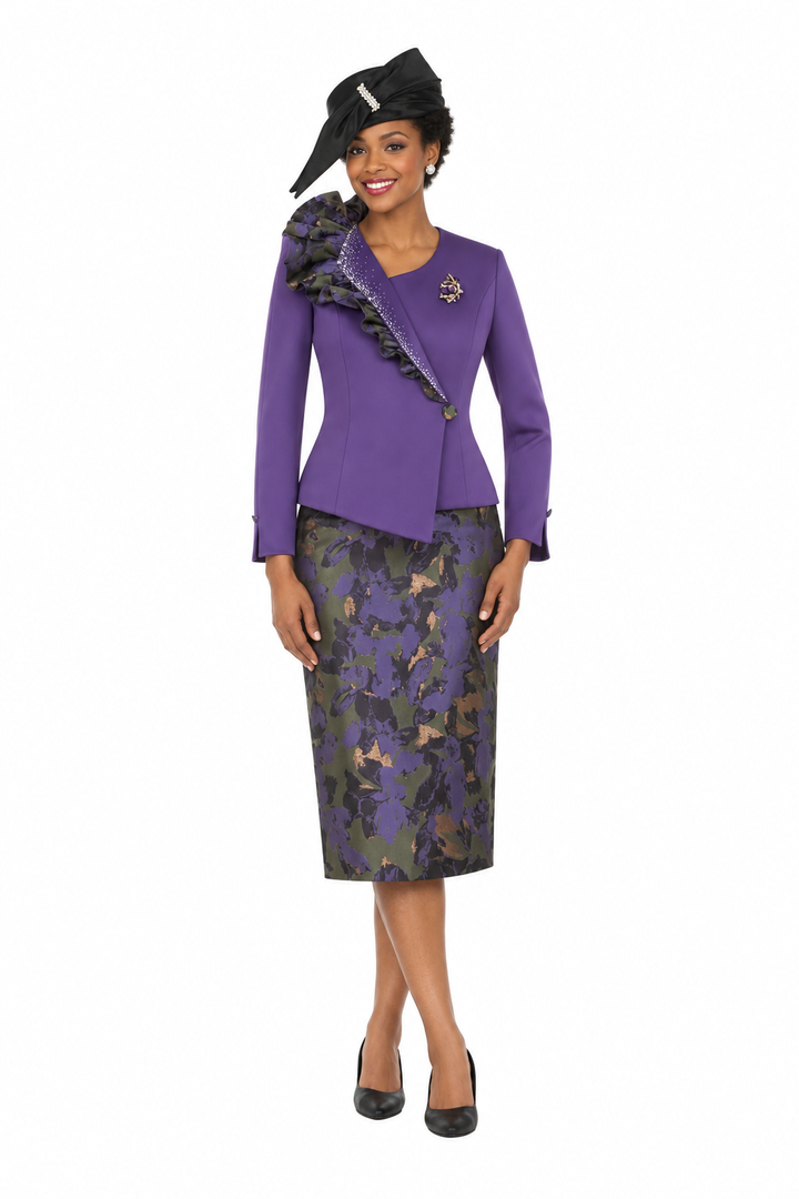 Purple Ruffle Jacket&Floral Brocade Skirt Suit