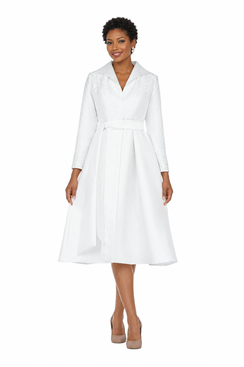 Embellished Silky Twill Belted Midi Dress-Plus
