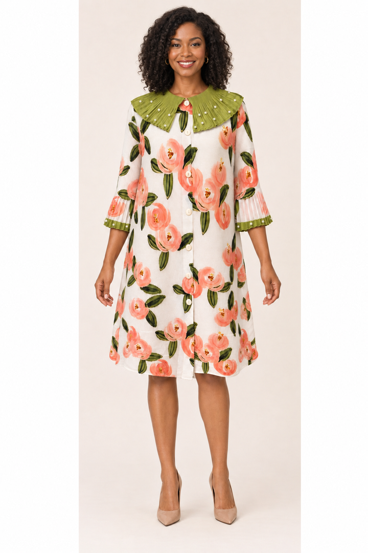 Pearl-Trim Pleated Collar Floral Print Mini Dress
