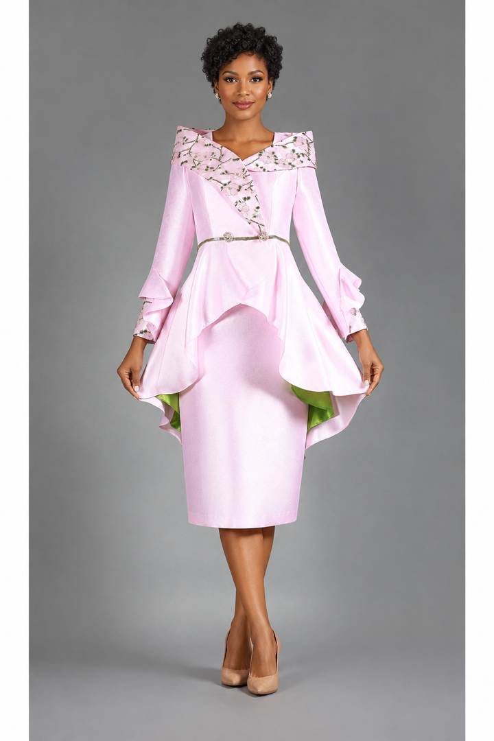 2pc Uneven Jkt Swp 2-tone Lace Trimmed Skirt Suit