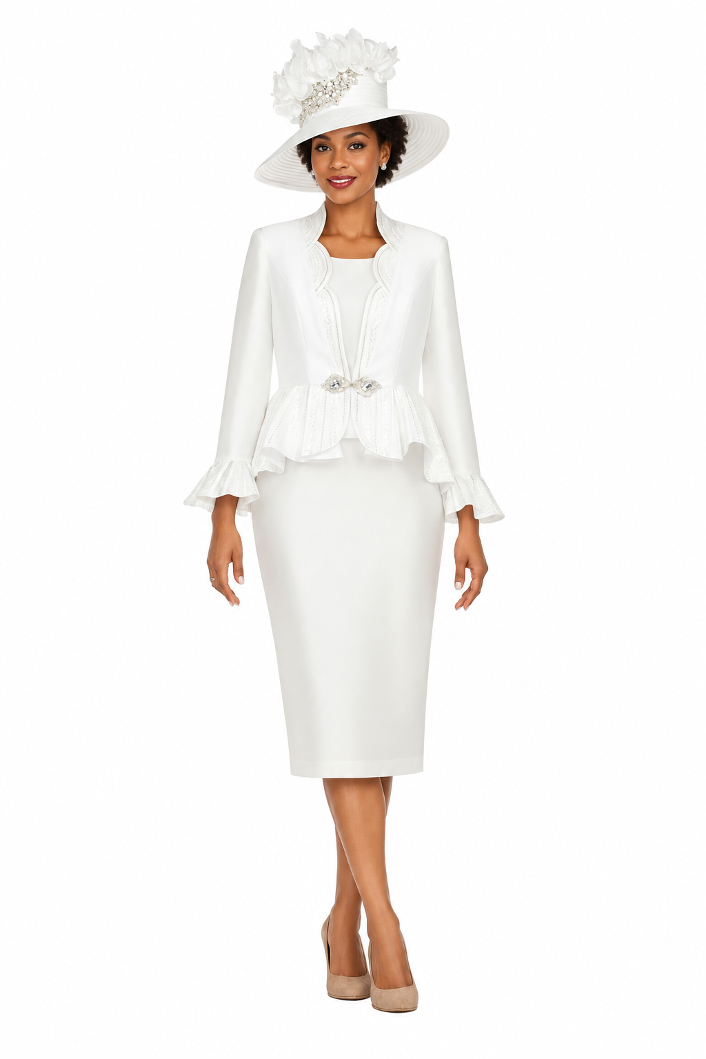 Silky 3pc Peplum Skirt Suit w/ Scalloped Trim-Plus