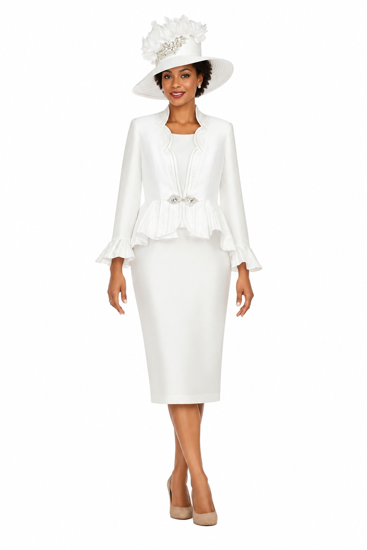 Silky 3pc Peplum Skirt Suit w/ Scalloped Trim-Plus