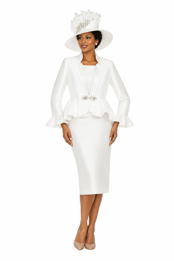 Silky 3pc Peplum Skirt Suit w/ Scalloped Trim