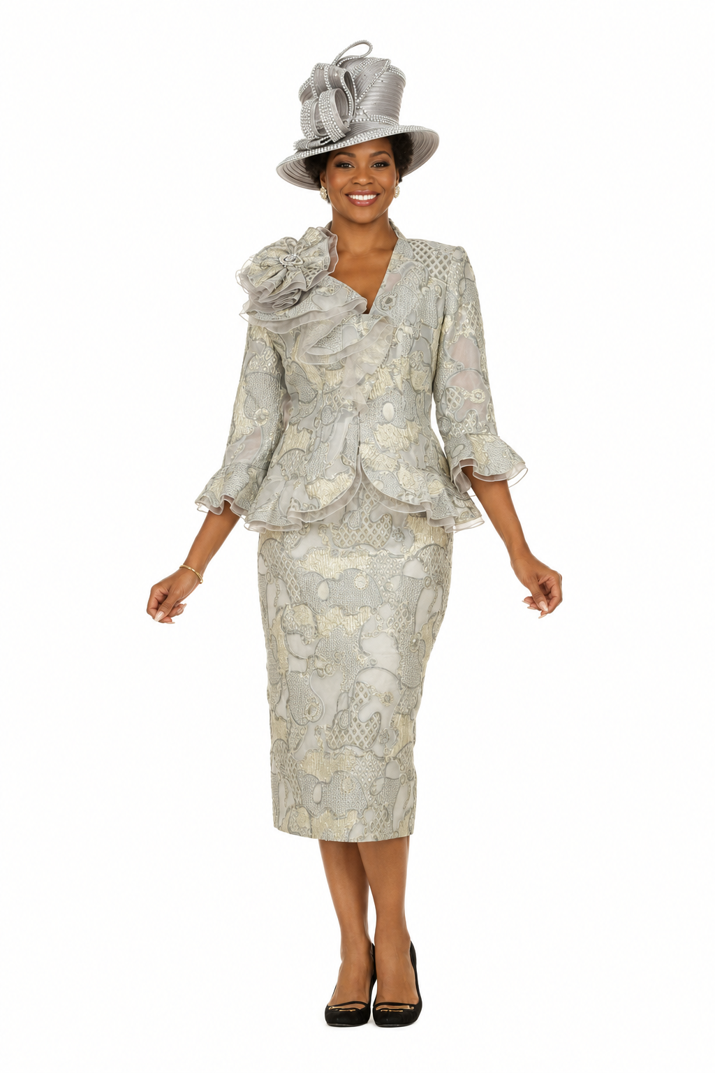 Metallic Brocade 3pc Suit w/ Organza Ruffle Jkt