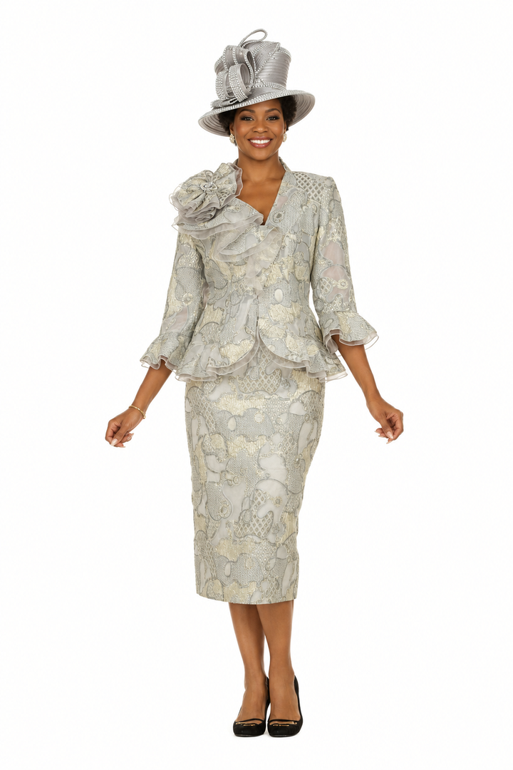 Metallic Brocade 3pc Suit w/ Organza Ruffle Jkt