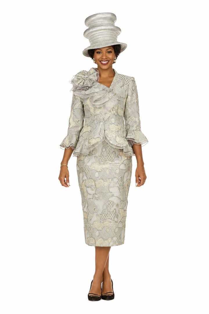 Metallic Brocade 3pc Suit w/ Organza Ruffle Jkt