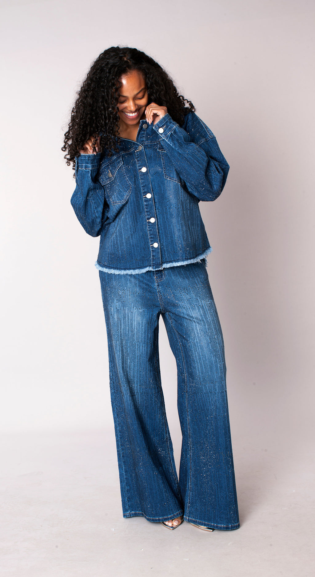 Glitter-Effect Flared Denim Pants - 82955