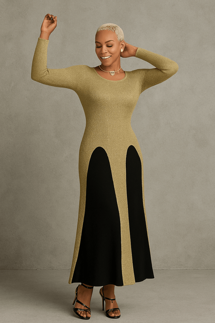 Two-Piece Long Knit Dress with Sheer Overlay- 5165