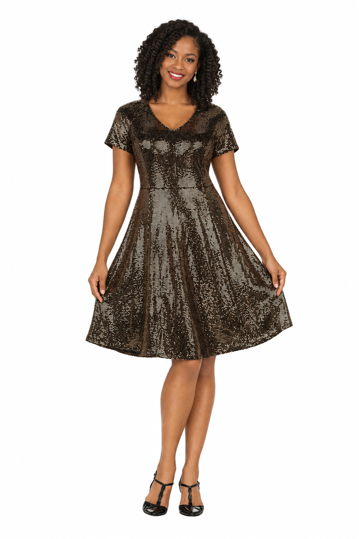 Short Sleeve V-neck Sequins A-line Dress - Plus