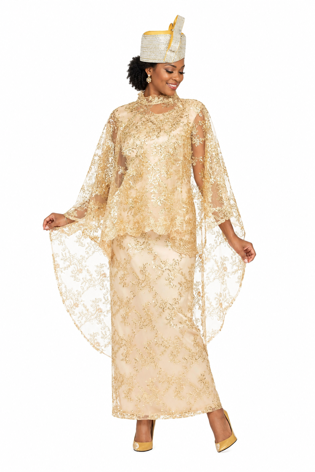 2pc Lux Sequined Lace Drs + Hi-low Cape