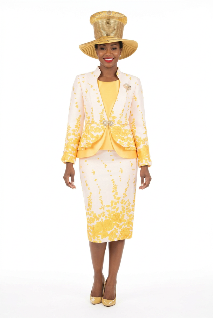 3pc Floral Print Brocade Peplum Jkt Skt Suit