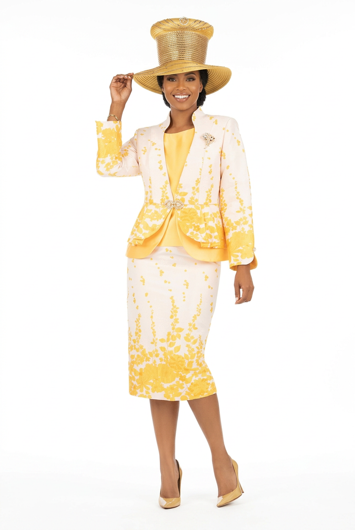 3pc Floral Print Brocade Peplum Jkt Skt Suit