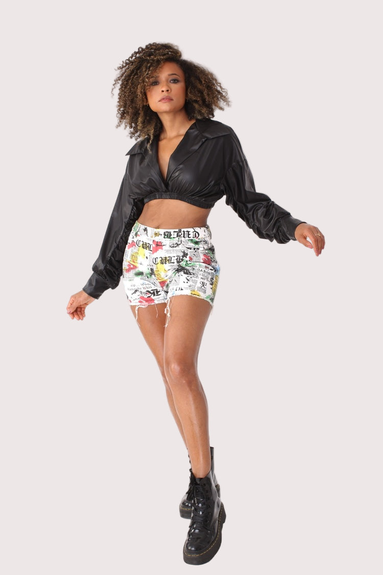 Graffiti-Print Distressed Denim Shorts- 81904