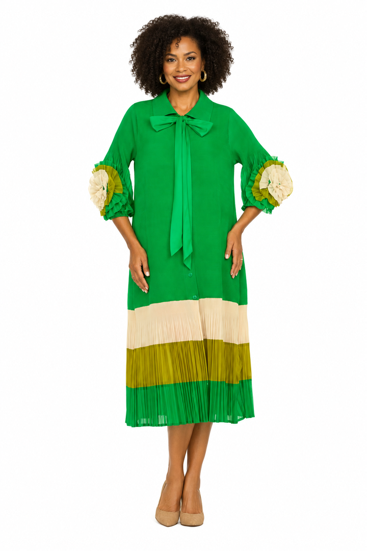 Notch Collar Color Block Shirt Dress in Pleats