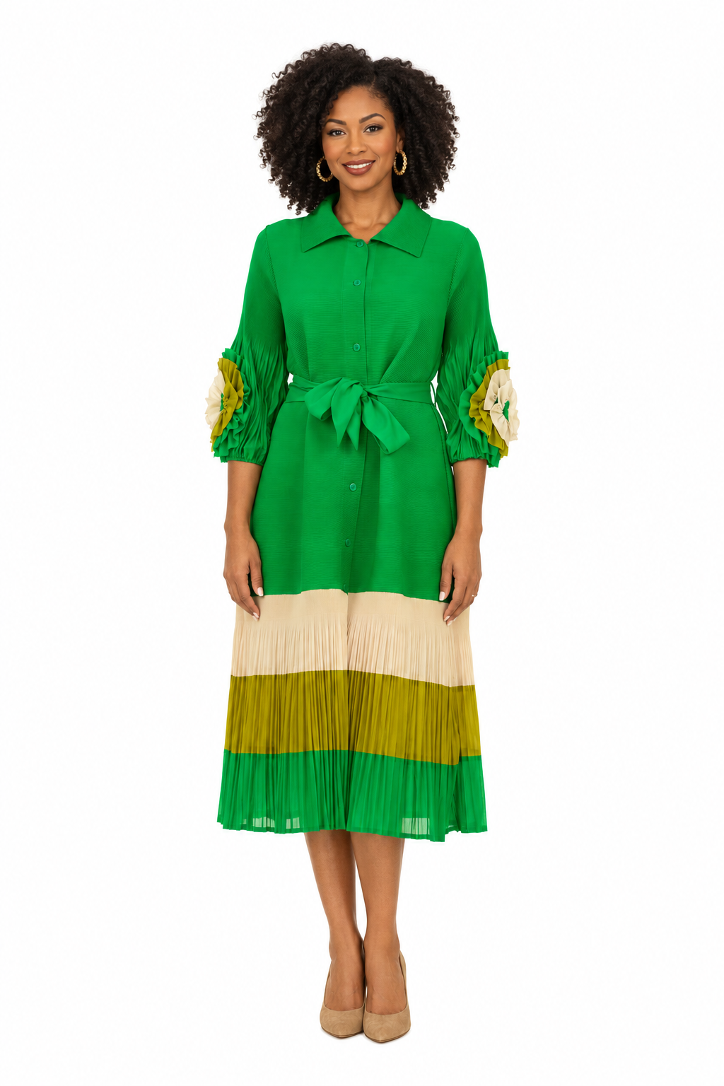 Notch Collar Color Block Shirt Dress in Pleats