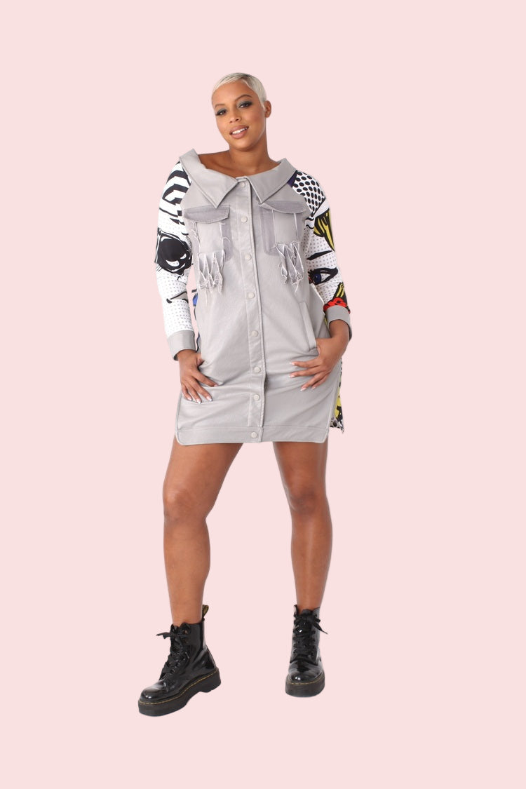 Leather and Printed Sleeve Long Jacket  - 81845