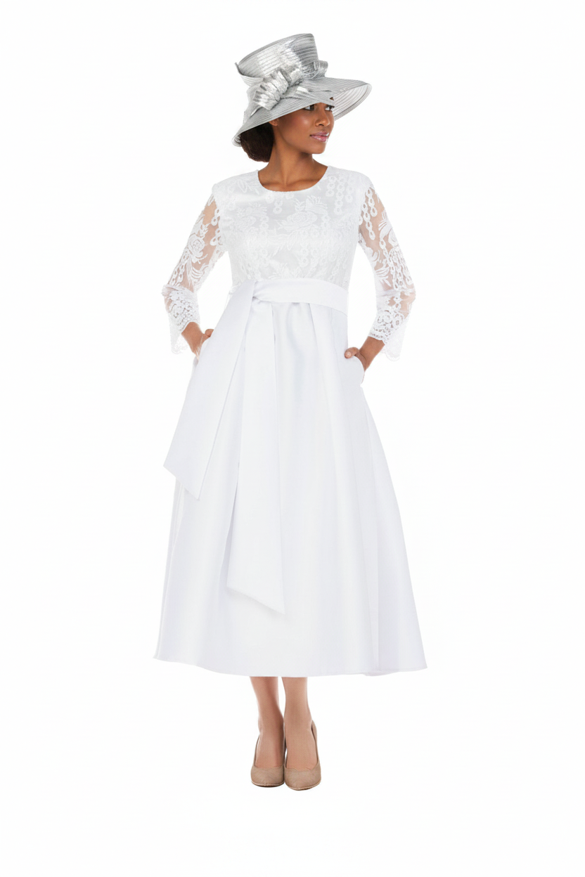 Graceful White Lace Slv Tea-Length Occasion Dress
