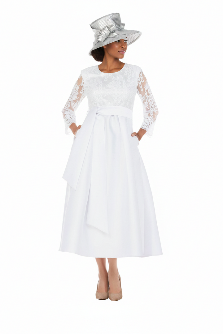 Graceful White Lace Slv Tea-Length Occasion Dress