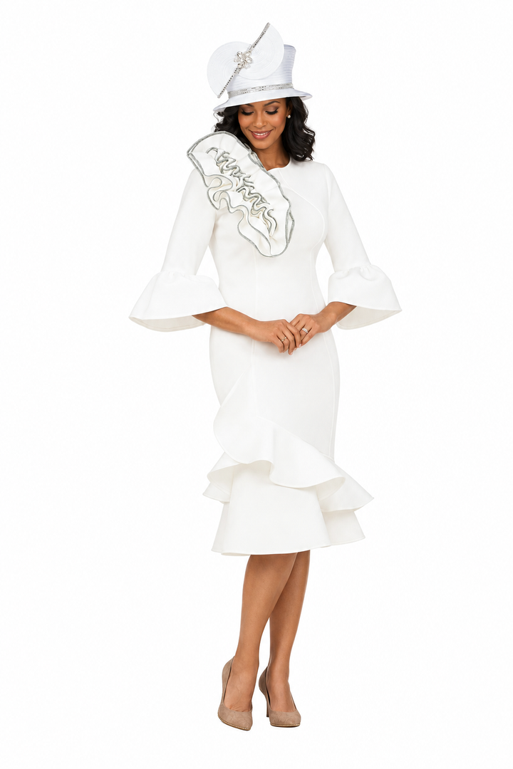 Elegant Scuba Flounce Dress with Sculpted Ruffle A
