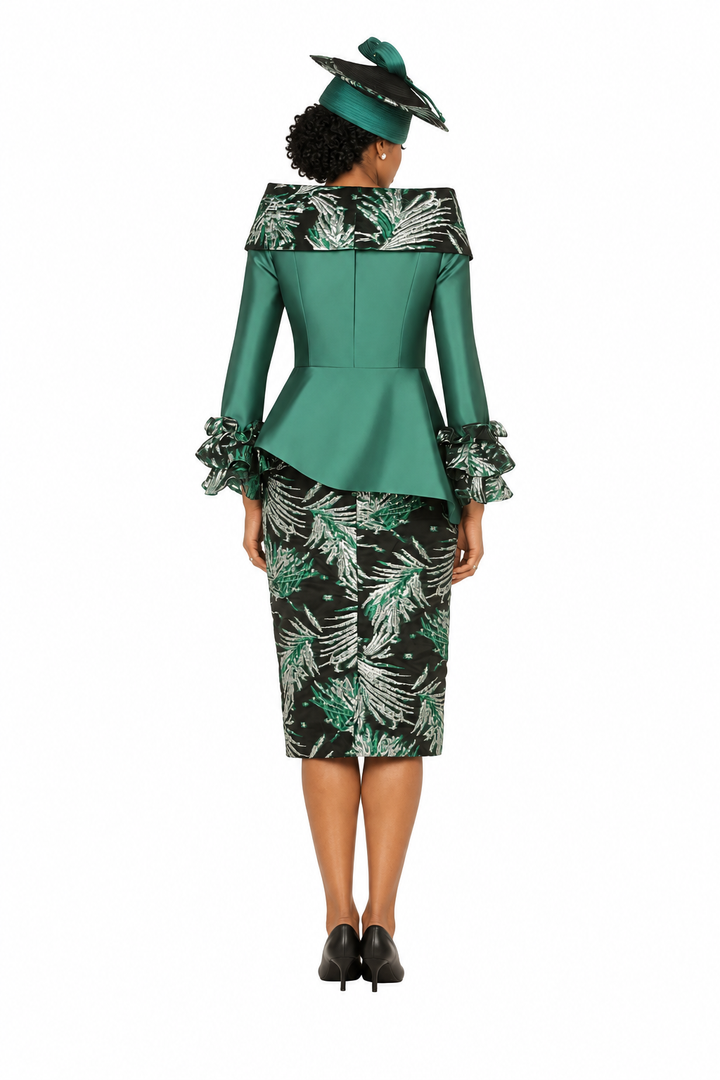 2pc Silky Twill&Jacquard Combo Skirt Suit-Plus