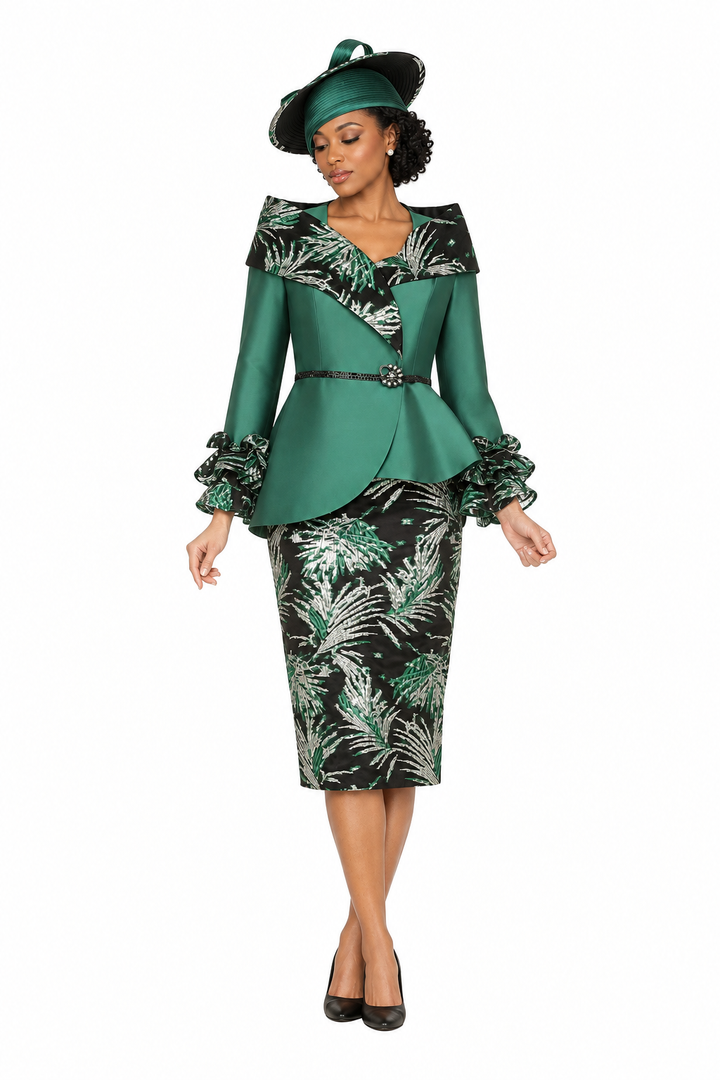 2pc Silky Twill&Jacquard Combo Skirt Suit