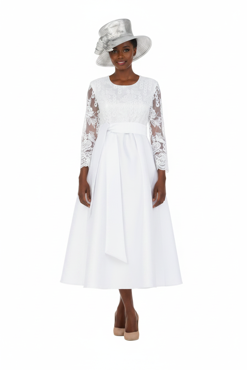 Graceful White Lace Slv Tea-Length Occasion Dress