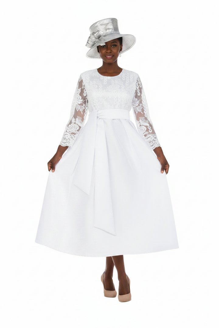 Graceful White Lace Slv Tea-Length Occasion Dress