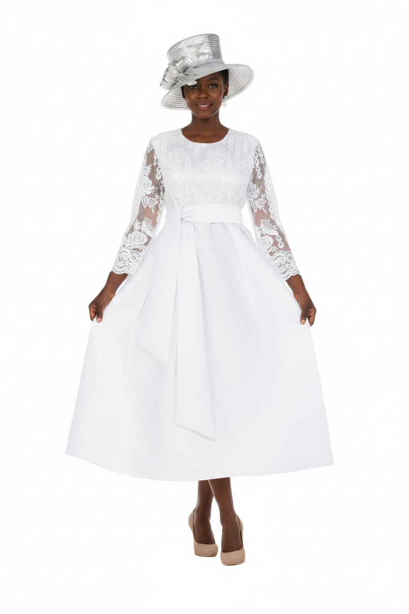 Graceful White Lace Slv Tea-Length Dress-Plus