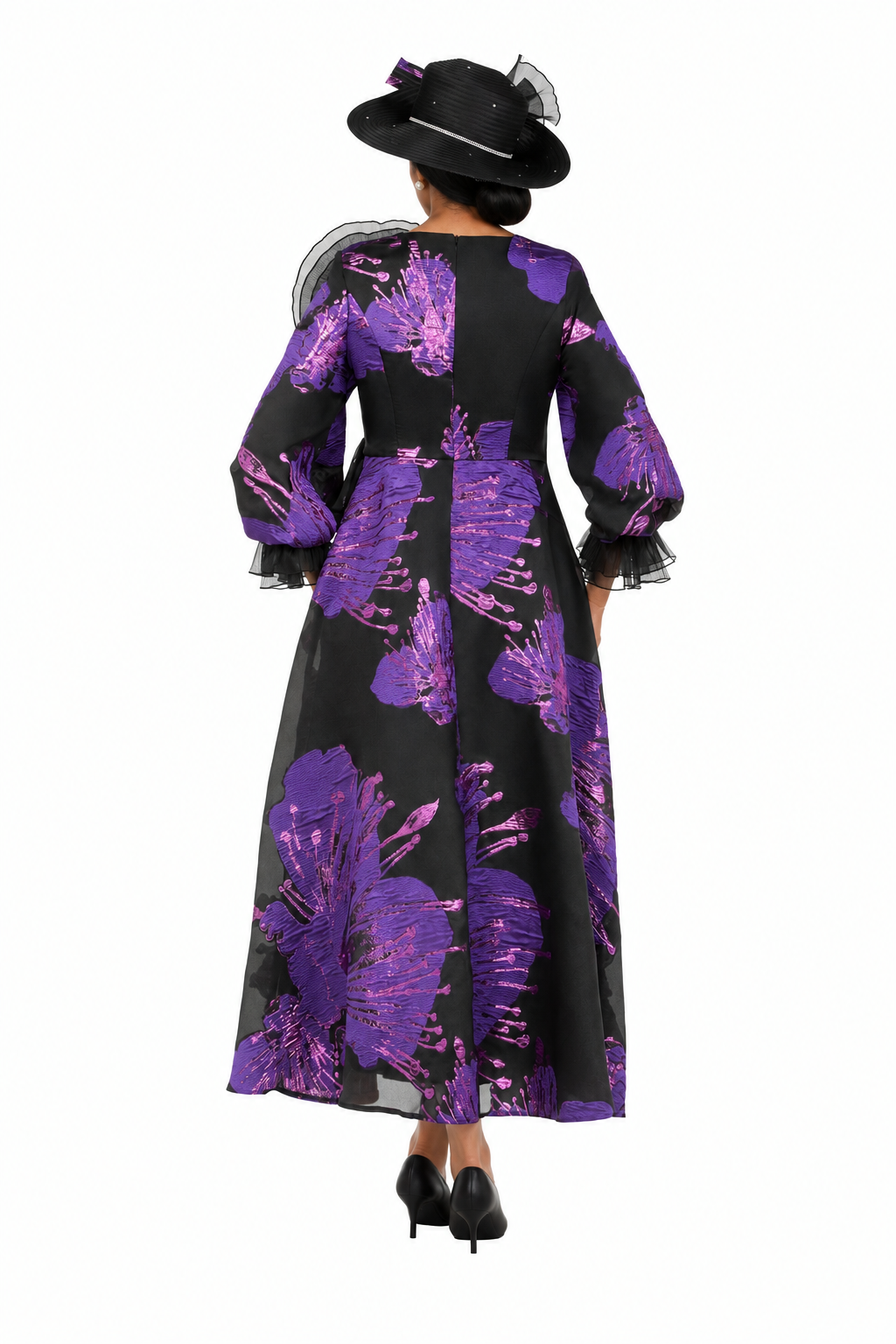 Purple and black metallic brocade dress, back view