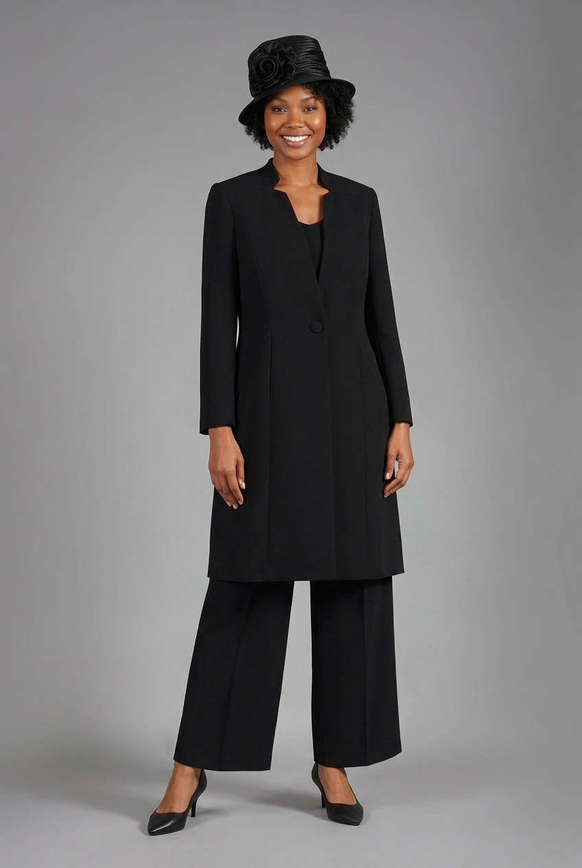Black three-piece pants suit, fastened long-jacket view