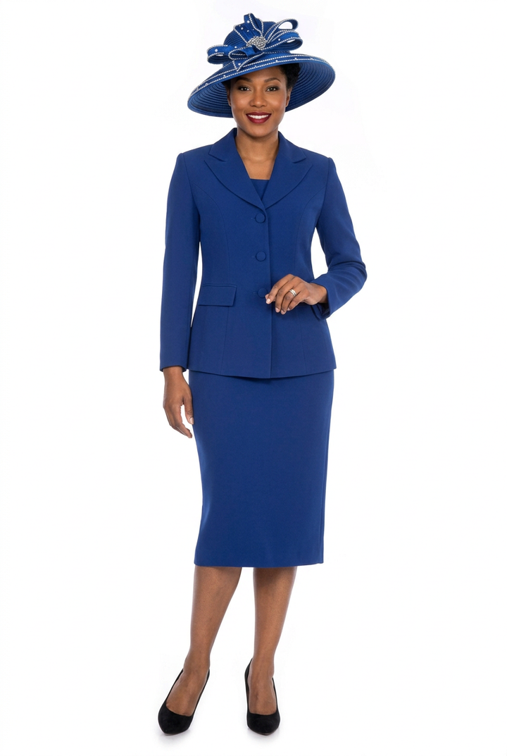 Royal blue skirt suit with hat angled pose