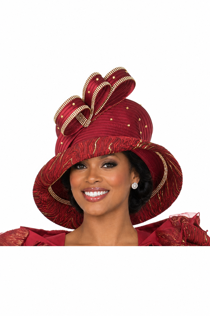 Cranberry wide brim hat with rhinestone-trimmed bow, angled view on a Black woman