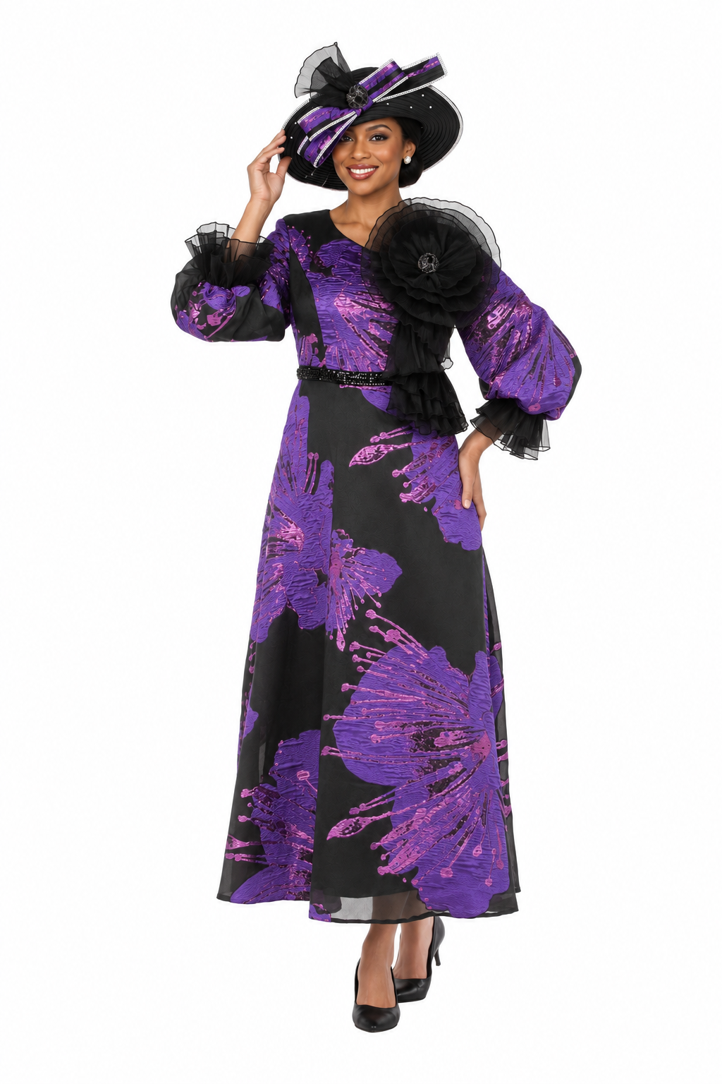 Purple and black metallic brocade dress, hand-on-hat view