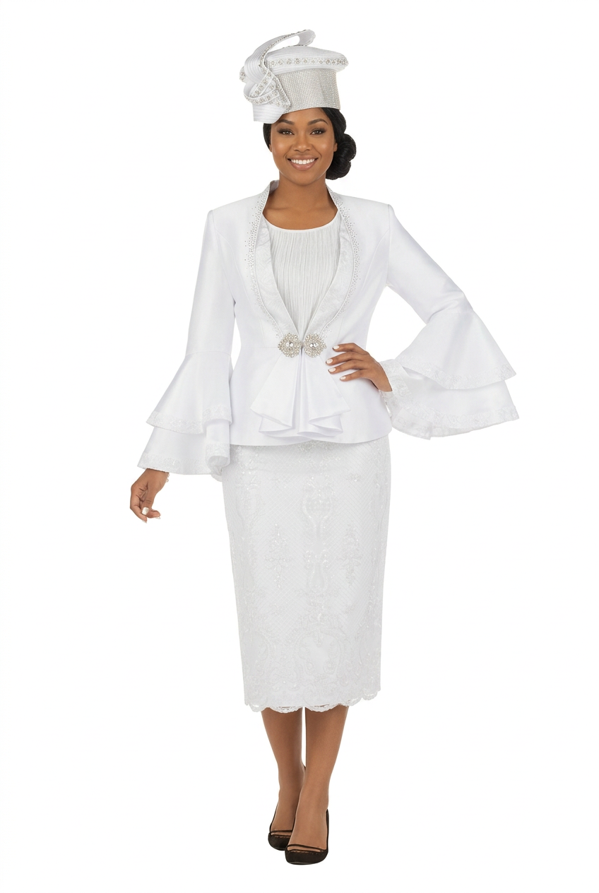 White skirt suit with matching hat, front hand-on-hip view