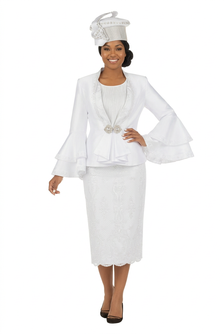 White skirt suit with matching hat, front hand-on-hip view