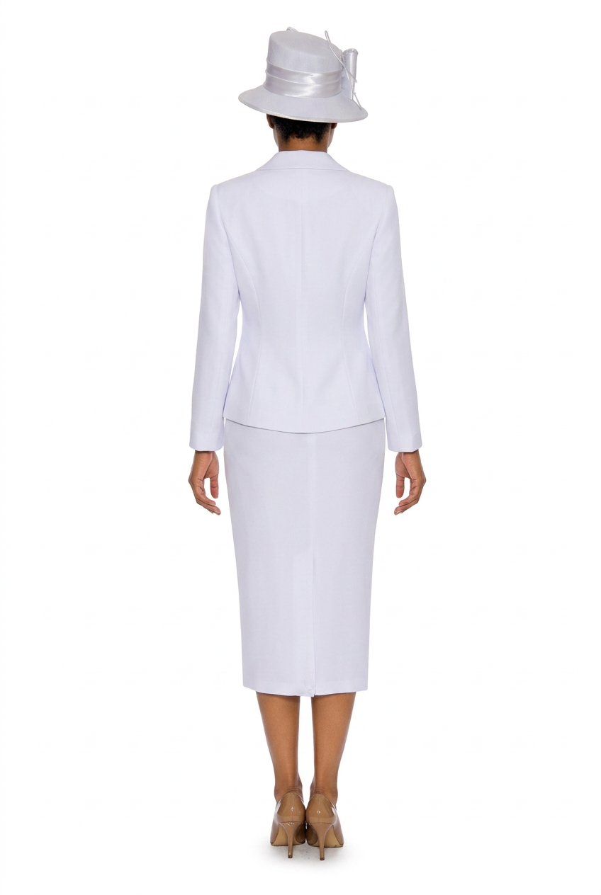White three-piece skirt suit with matching hat, back view