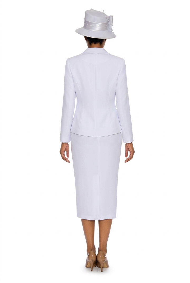 White three-piece skirt suit with matching hat, back view