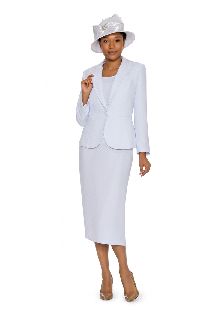White three-piece notch-collar skirt suit with matching hat, front view