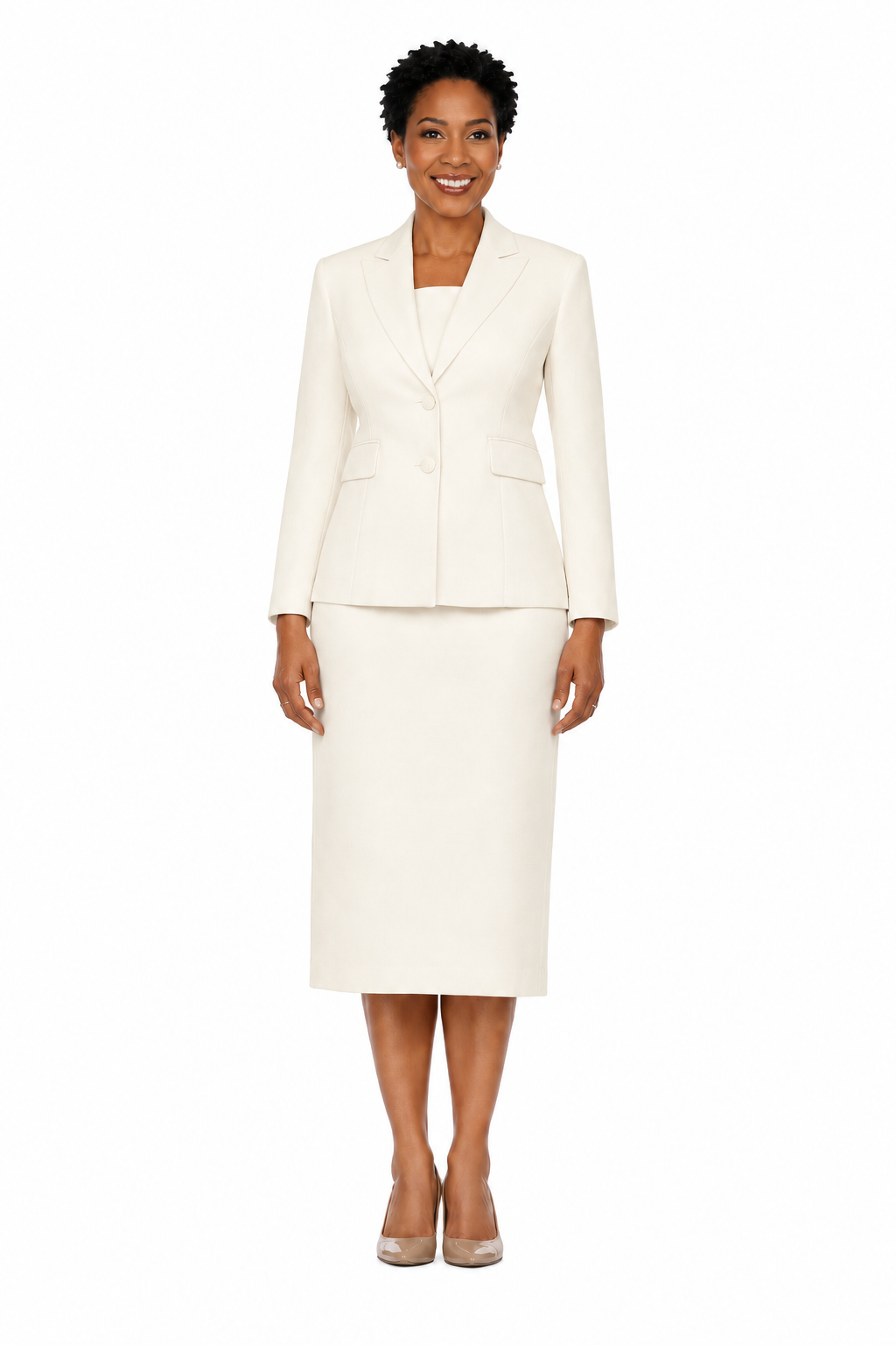 Model wearing an ivory two-button blazer and matching midi skirt suit