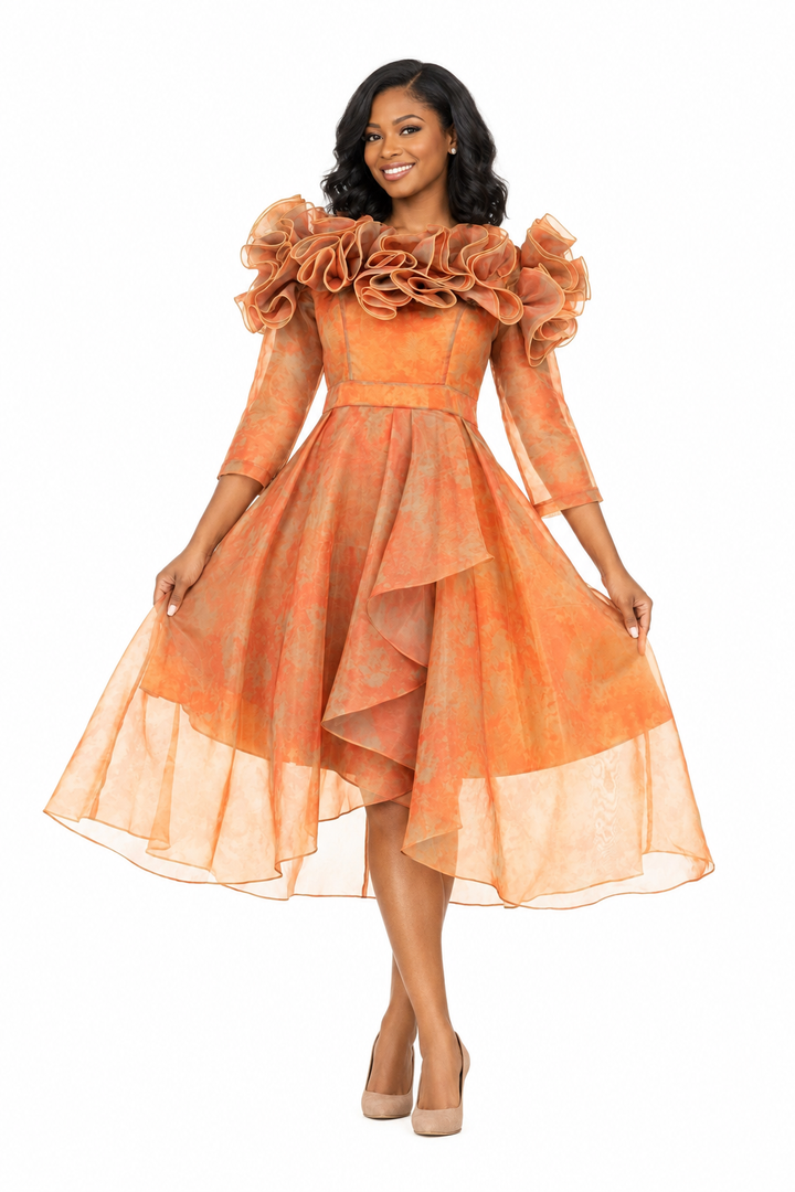 Orange ruffle collar organza dress, skirt held outward