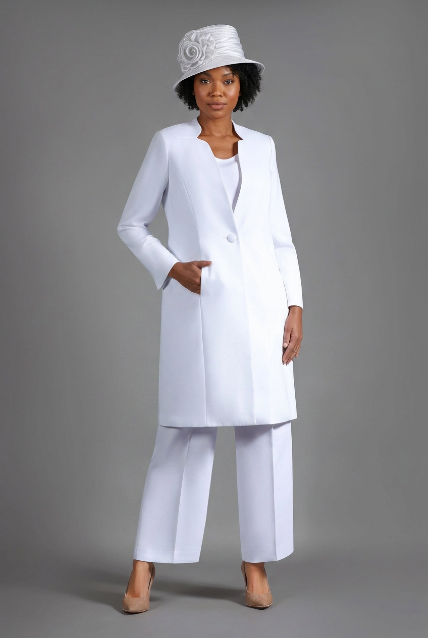 White three-piece pants suit with matching hat