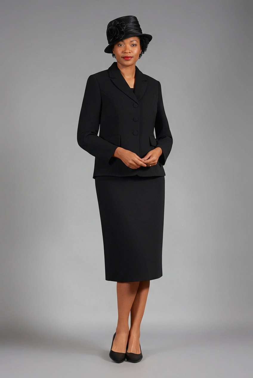 Black skirt suit with matching hat, alternate front pose