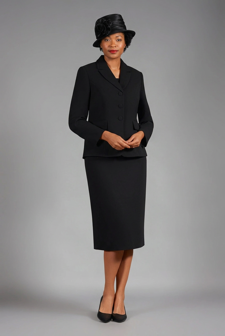 Black skirt suit with matching hat, alternate front pose