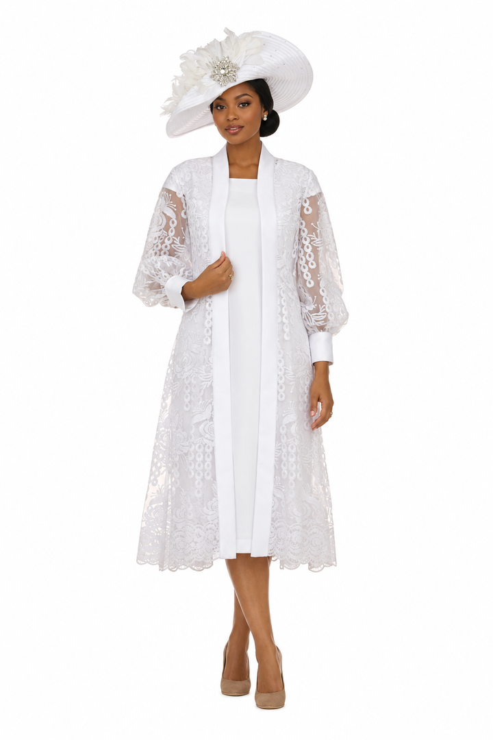 White midi dress and sheer lace jacket with large white hat