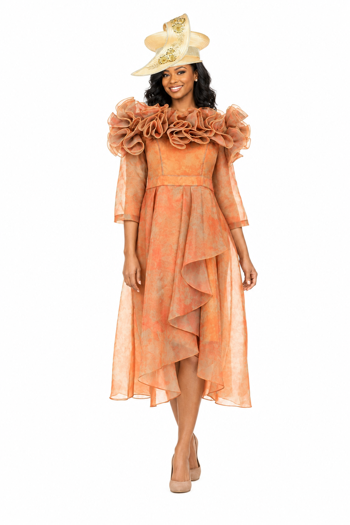 Orange high-low organza dress with cream hat, front view