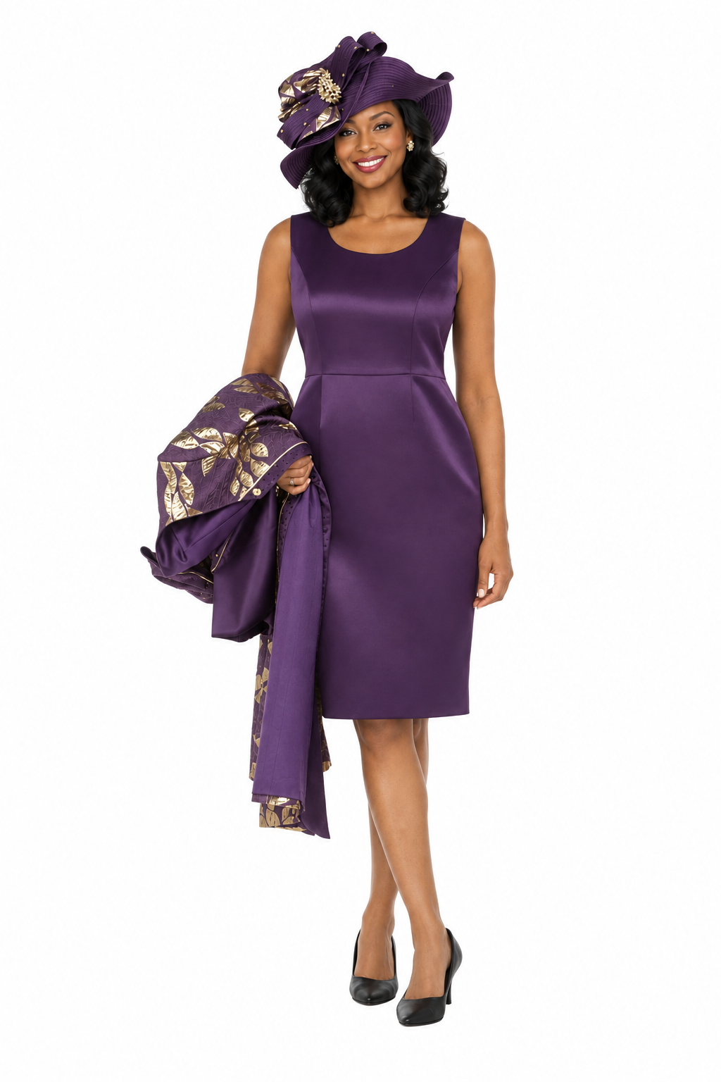 Eggplant satin-look dress with brocade jacket draped over arm