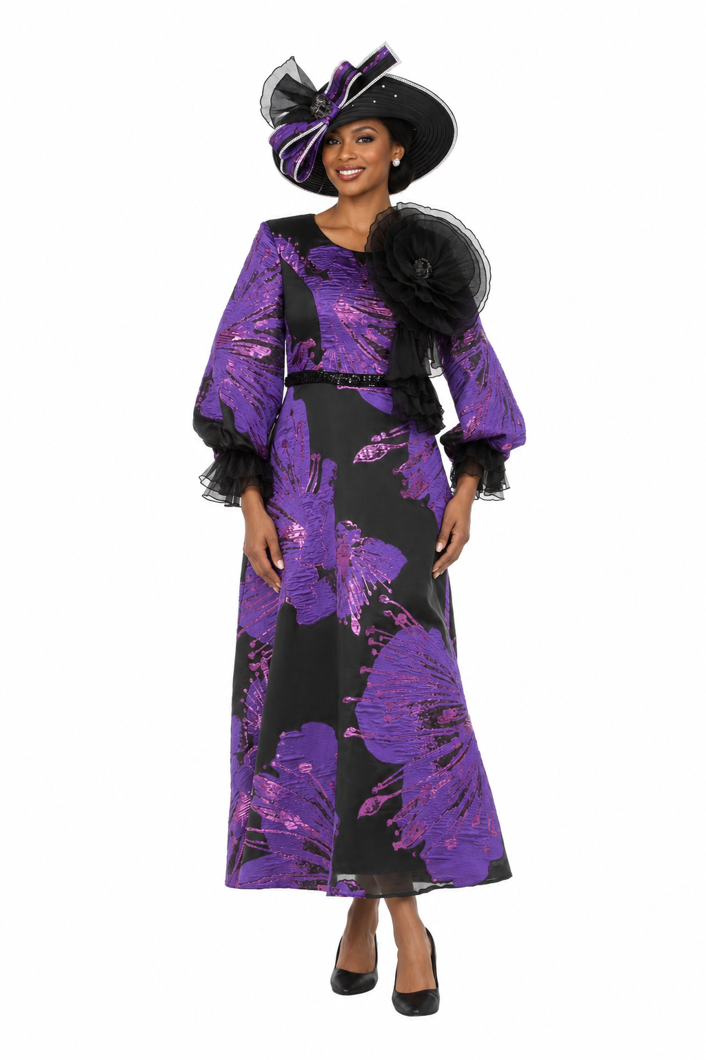 Purple and black metallic brocade dress, front view