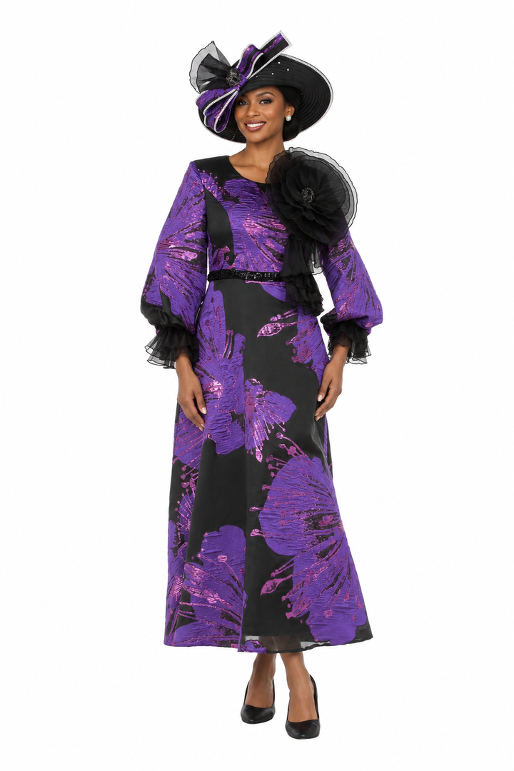 Purple and black metallic brocade dress, front view