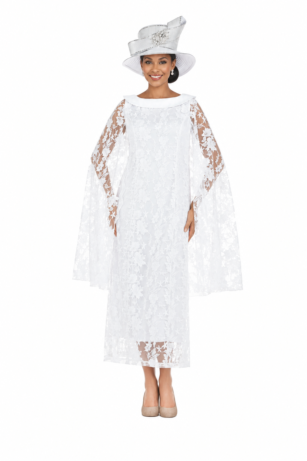 White floral lace overlay dress with cape and hat, arms-down front view